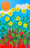Texas Sunflowers: tall yellow sunflowers against a wide blue sky beneath a large orange sun. Original acrylic painting by James Orellana.