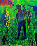 Bike Chick's Playing Pool: a woman playing pool in bold, playful color. Original acrylic painting by James Orellana.