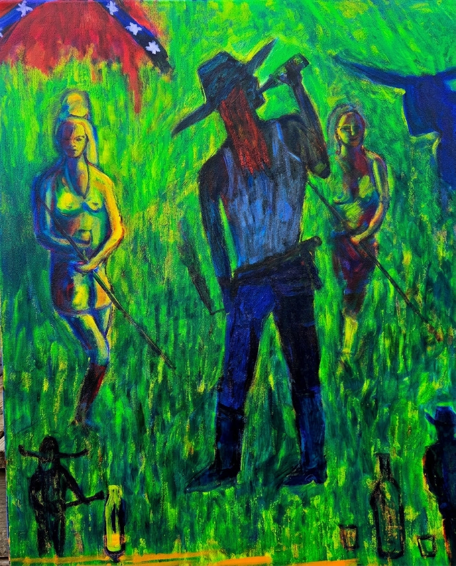 Bike Chick's Playing Pool: a woman playing pool in bold, playful color. Original acrylic painting by James Orellana.