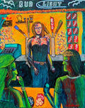 Bud Light Dreams with Julius Ceasar: a woman at the bar beneath a BUD LIGHT banner, a Julius Caesar bust on the shelf behind. Original acrylic painting by James Orellana.