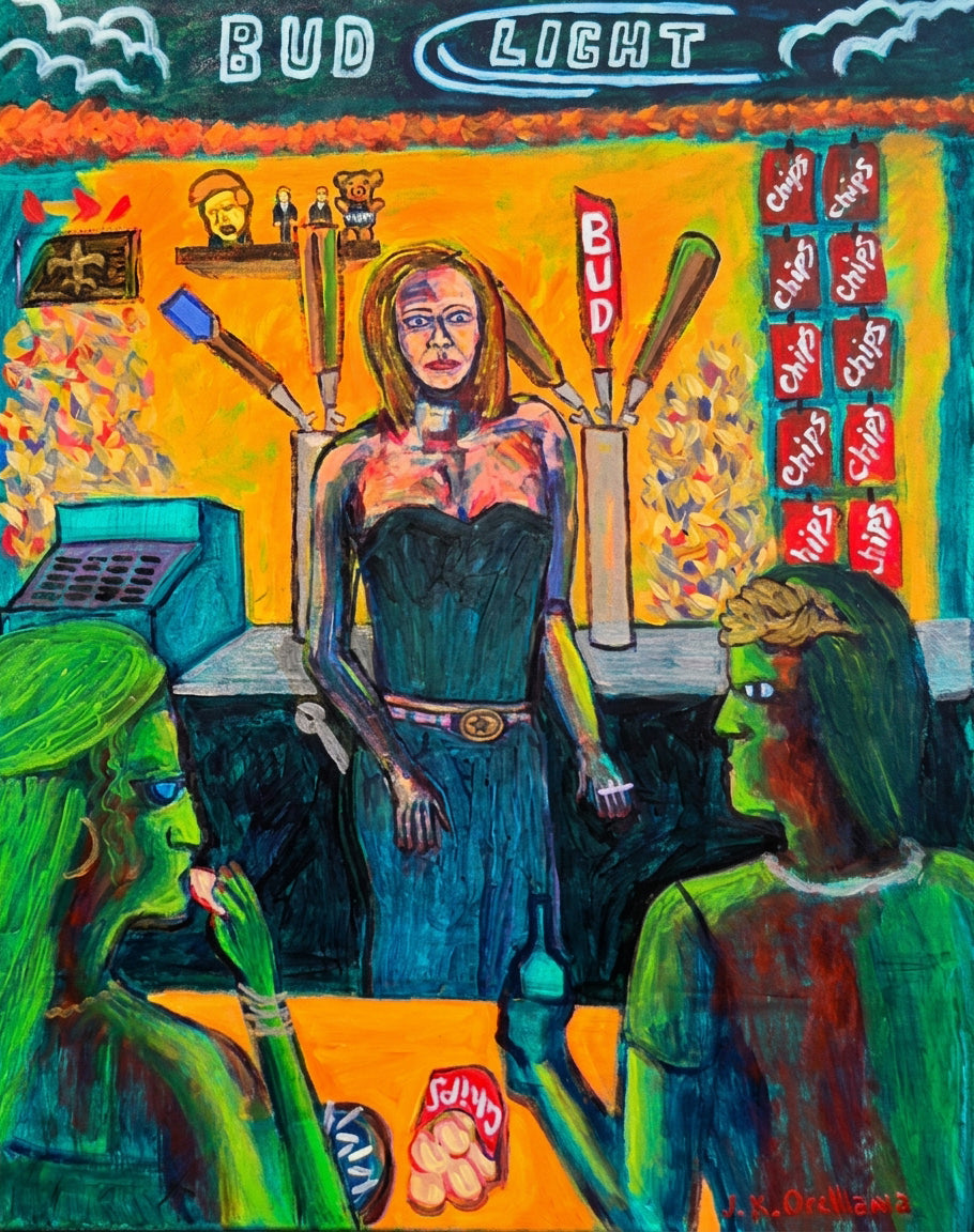 Bud Light Dreams with Julius Ceasar: a woman at the bar beneath a BUD LIGHT banner, a Julius Caesar bust on the shelf behind. Original acrylic painting by James Orellana.