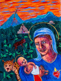 Central American Madonna and Child: a haloed Madonna and infant with a jaguar, a volcano and a step-pyramid. Original acrylic painting by James Orellana.