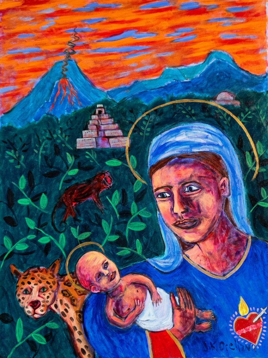 Central American Madonna and Child: a haloed Madonna and infant with a jaguar, a volcano and a step-pyramid. Original acrylic painting by James Orellana.