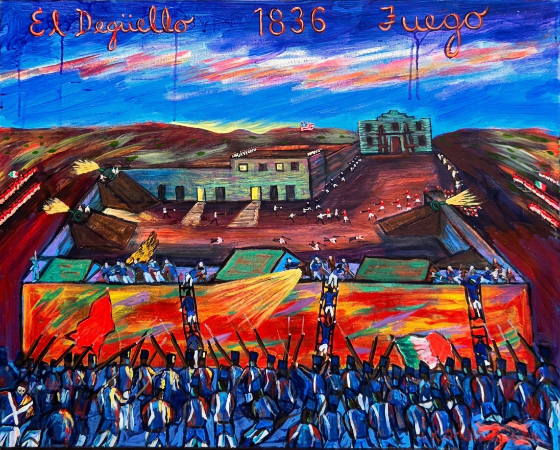El Deguello, The Alamo: a dusk battle panorama of the Alamo in 1836, troops advancing on the mission. Original acrylic painting by James Orellana.