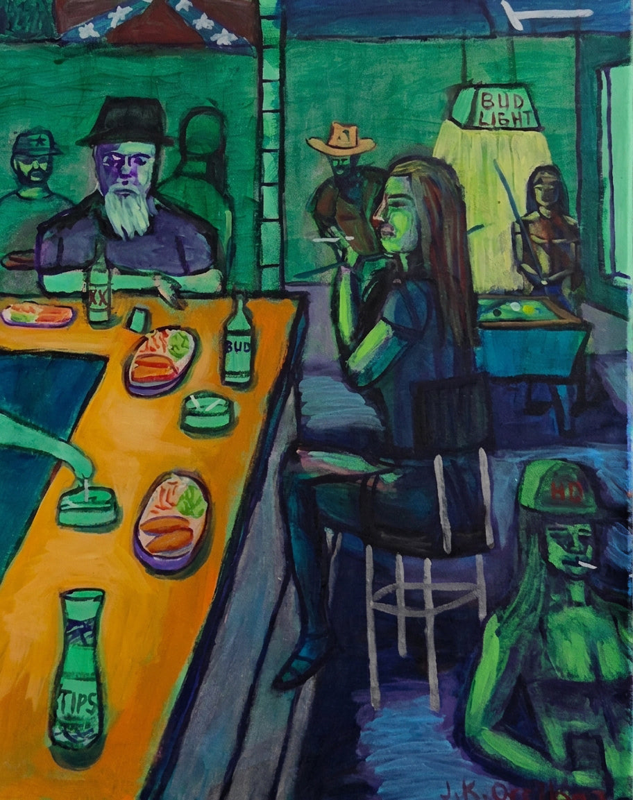 Fish Fry at Biker Bar: a teal bar interior with a bearded man, a BUD LIGHT neon sign and plates of fried food. Original acrylic painting by James Orellana.