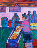 Guatemalan Pop Up Fruit Market: a market vendor slicing fruit beside juice barrels and crates of melons. Original acrylic painting by James Orellana.