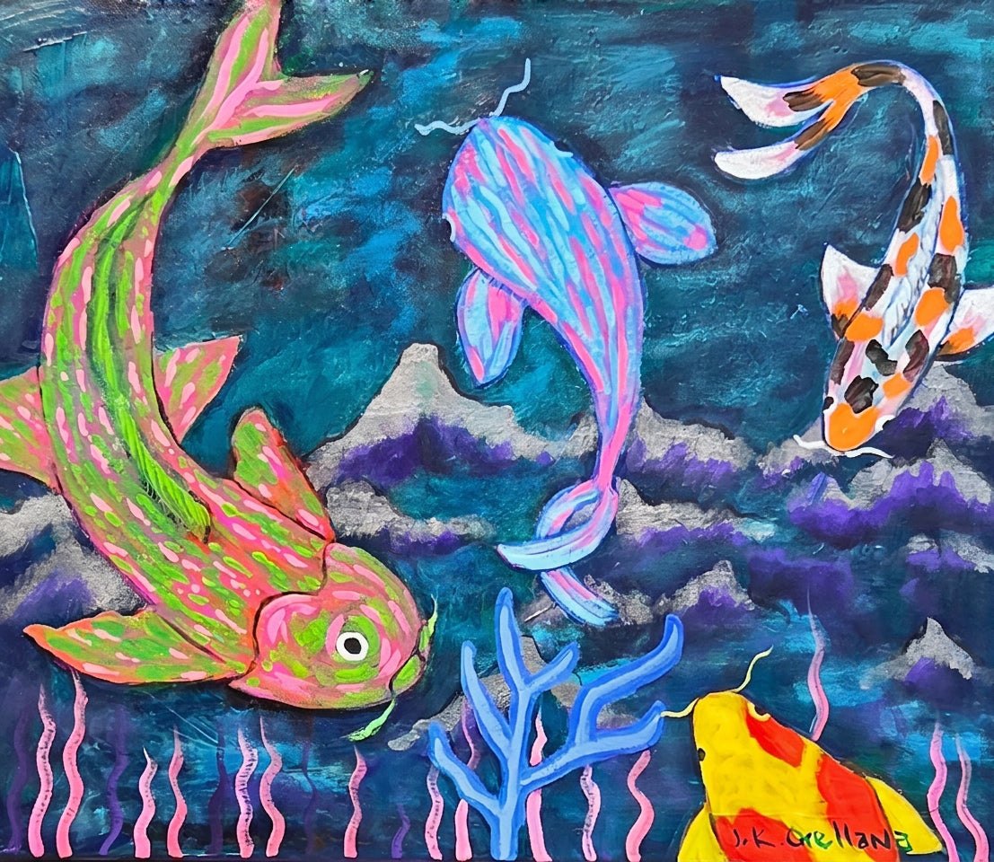 Koi Dreams: three stylized koi gliding over dark water among blue coral and pink reeds. Original acrylic painting by James Orellana.