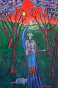 Last Concert, Townes Van Zandt: Townes Van Zandt in a cowboy hat with a red guitar under a red sunset sky. Original acrylic painting by James Orellana.
