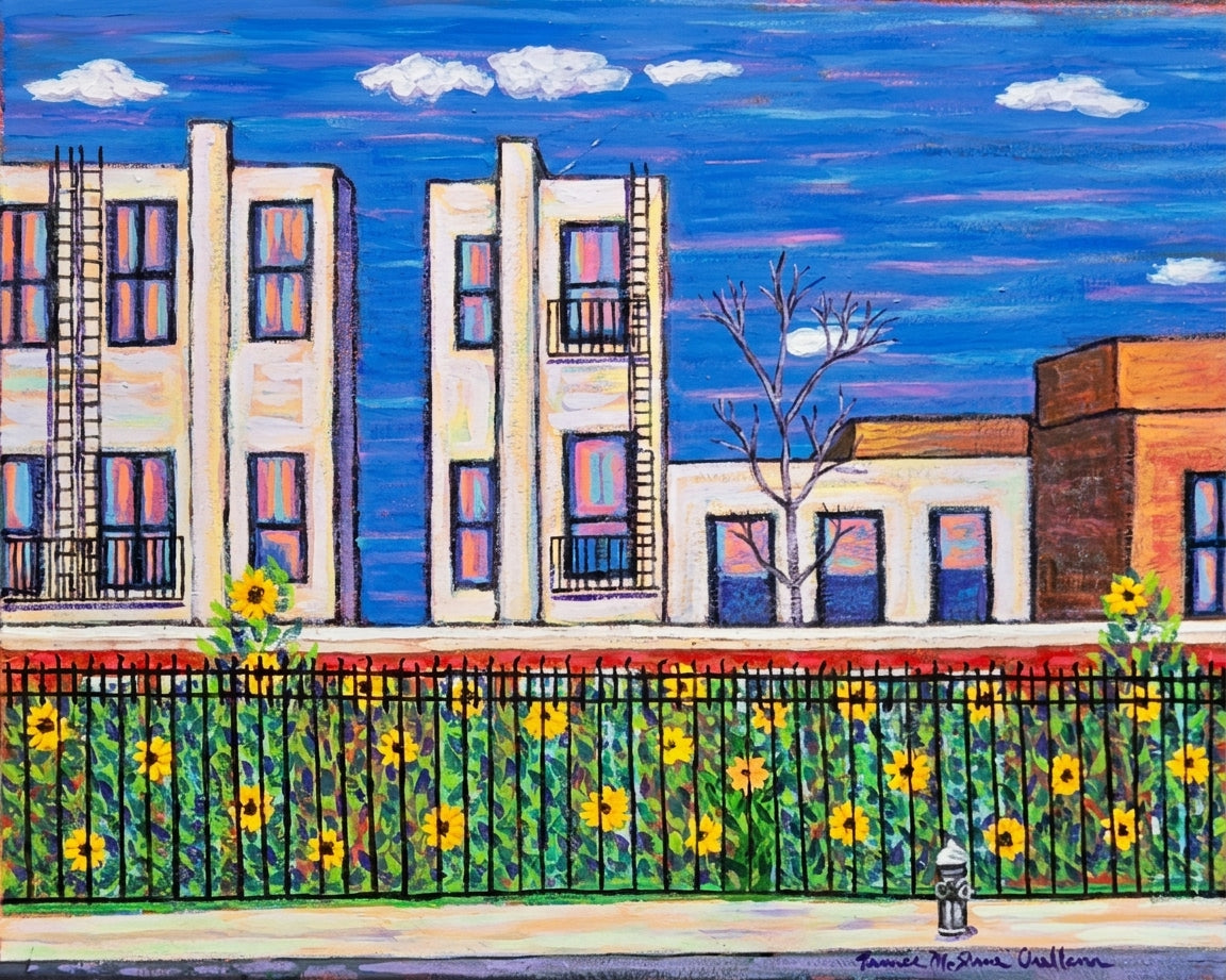 Sunflowers in Queens NYC: art-deco brownstones with sunflowers growing along a wrought-iron fence. Original acrylic painting by James Orellana.