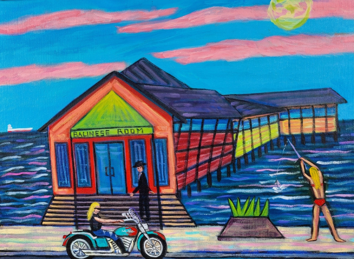 The Balinese Bar: the BALINESE ROOM pier building over water at dusk under a full moon. Original acrylic painting by James Orellana.