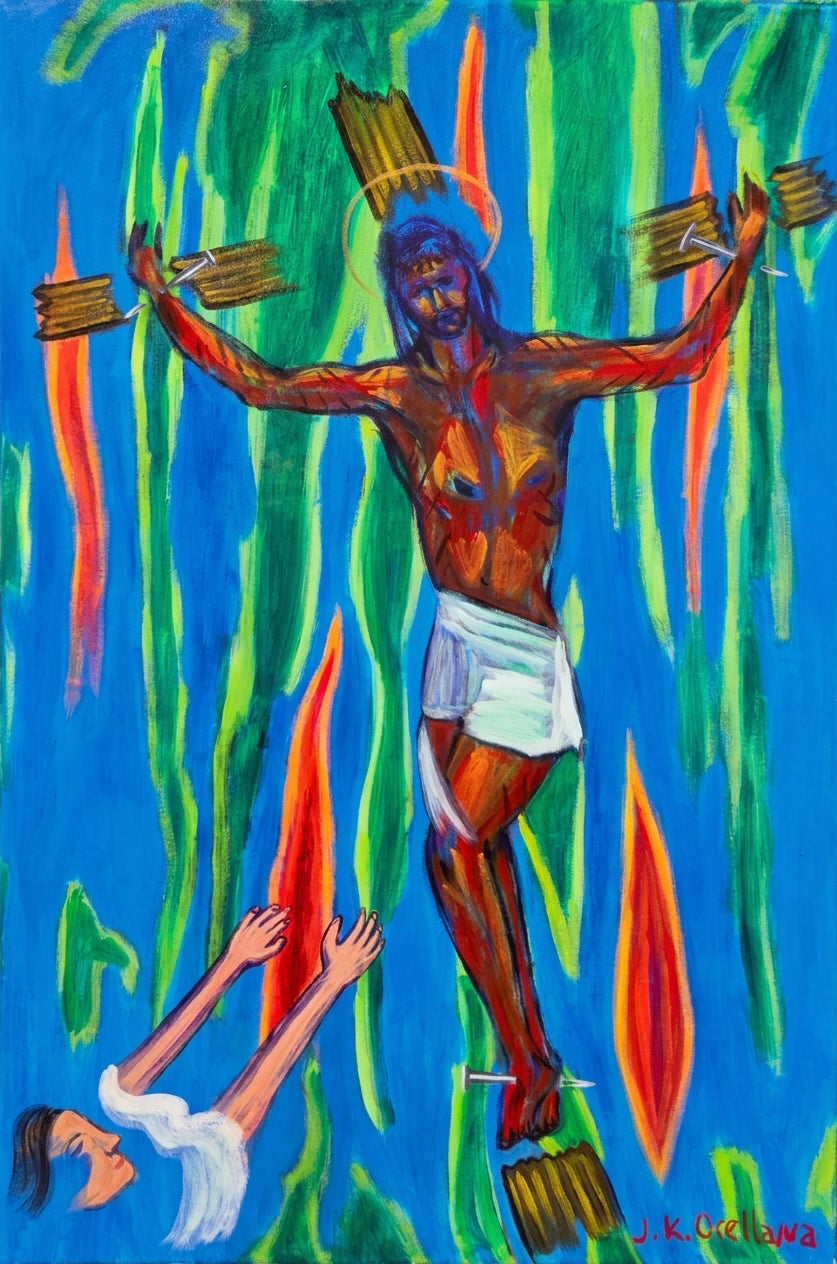 The Crucifixion: a haloed figure with arms outstretched over a green and blue-streaked ground. Original acrylic painting by James Orellana.