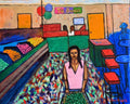 Tu Banco Con Oro: an indoor market with a Tu Banco sign, a teller booth and a confetti-strewn aisle. Original acrylic painting by James Orellana.