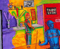 Watching Pool Tournament at Biker Bar: a hard-hat figure seated at the bar watching a pool tournament. Original acrylic painting by James Orellana.