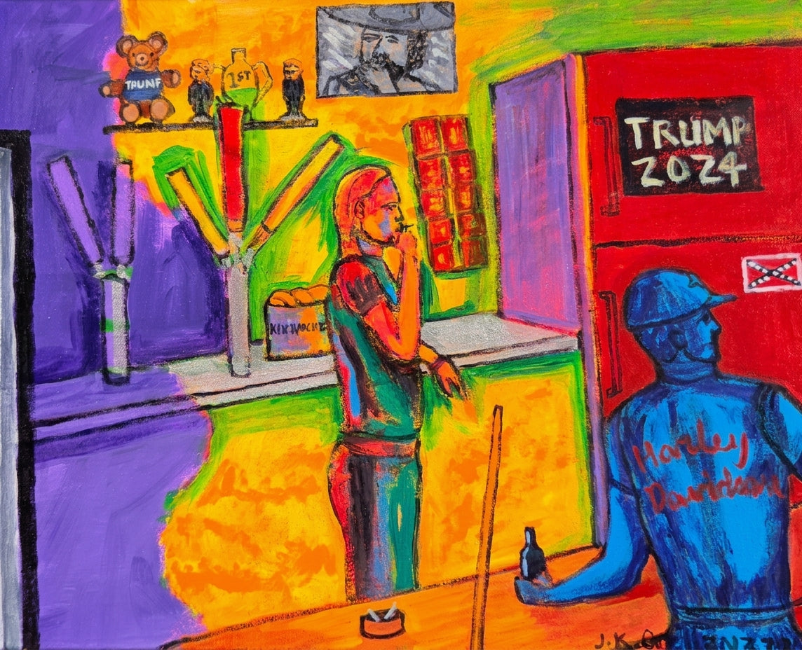 Watching Pool Tournament at Biker Bar: a hard-hat figure seated at the bar watching a pool tournament. Original acrylic painting by James Orellana.