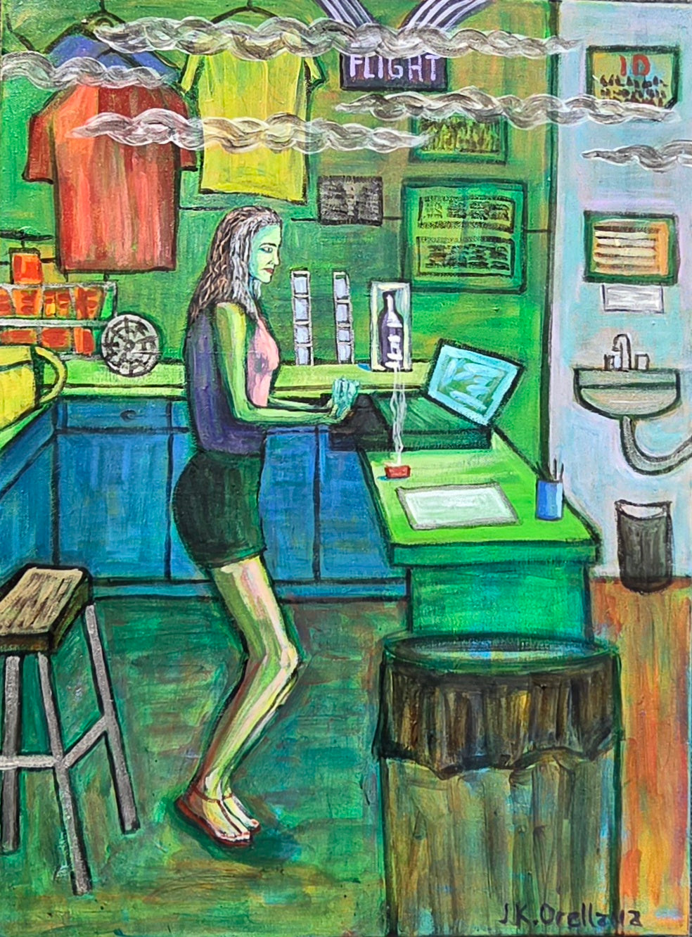 Bartender Counting the Till: a bartender counting the till behind the bar. Original acrylic painting by James Orellana.