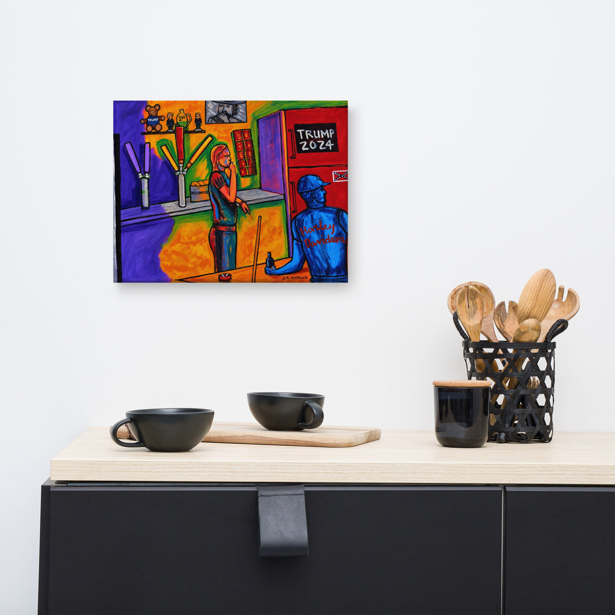 Watching Pool Tournament at Biker Bar canvas print, shown front-on: a hard-hat figure seated at the bar watching a pool tournament.