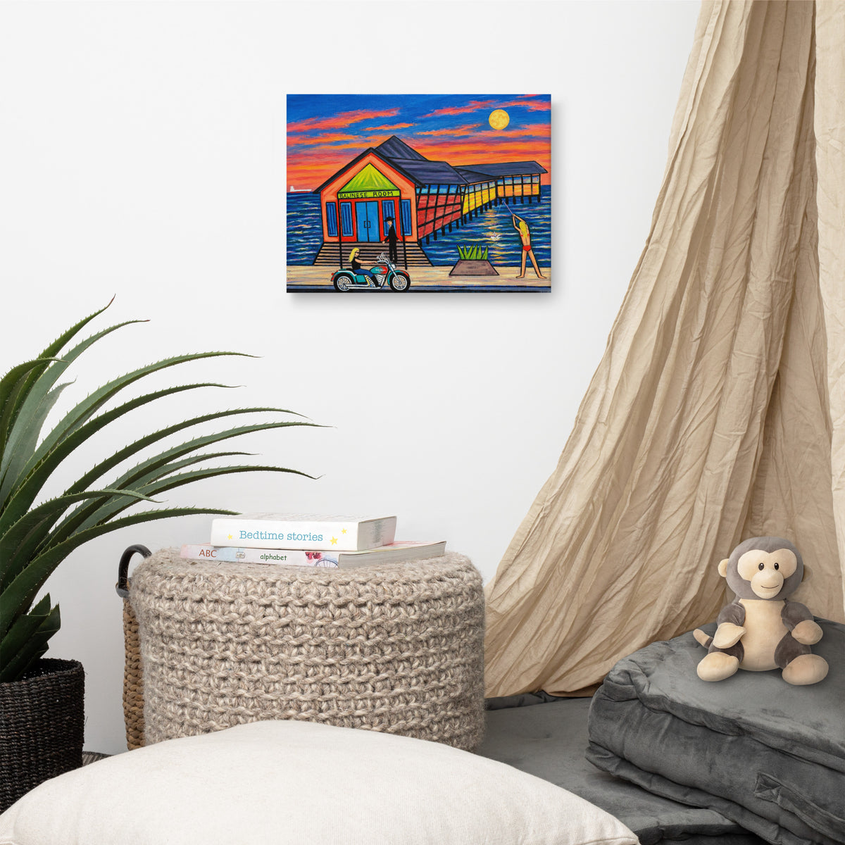The Balinese Bar canvas print, shown front-on: the BALINESE ROOM pier building over water at dusk under a full moon.