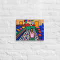 Tu Banco Con Oro canvas print, shown front-on: an indoor market with a Tu Banco sign, a teller booth and a confetti-strewn aisle.
