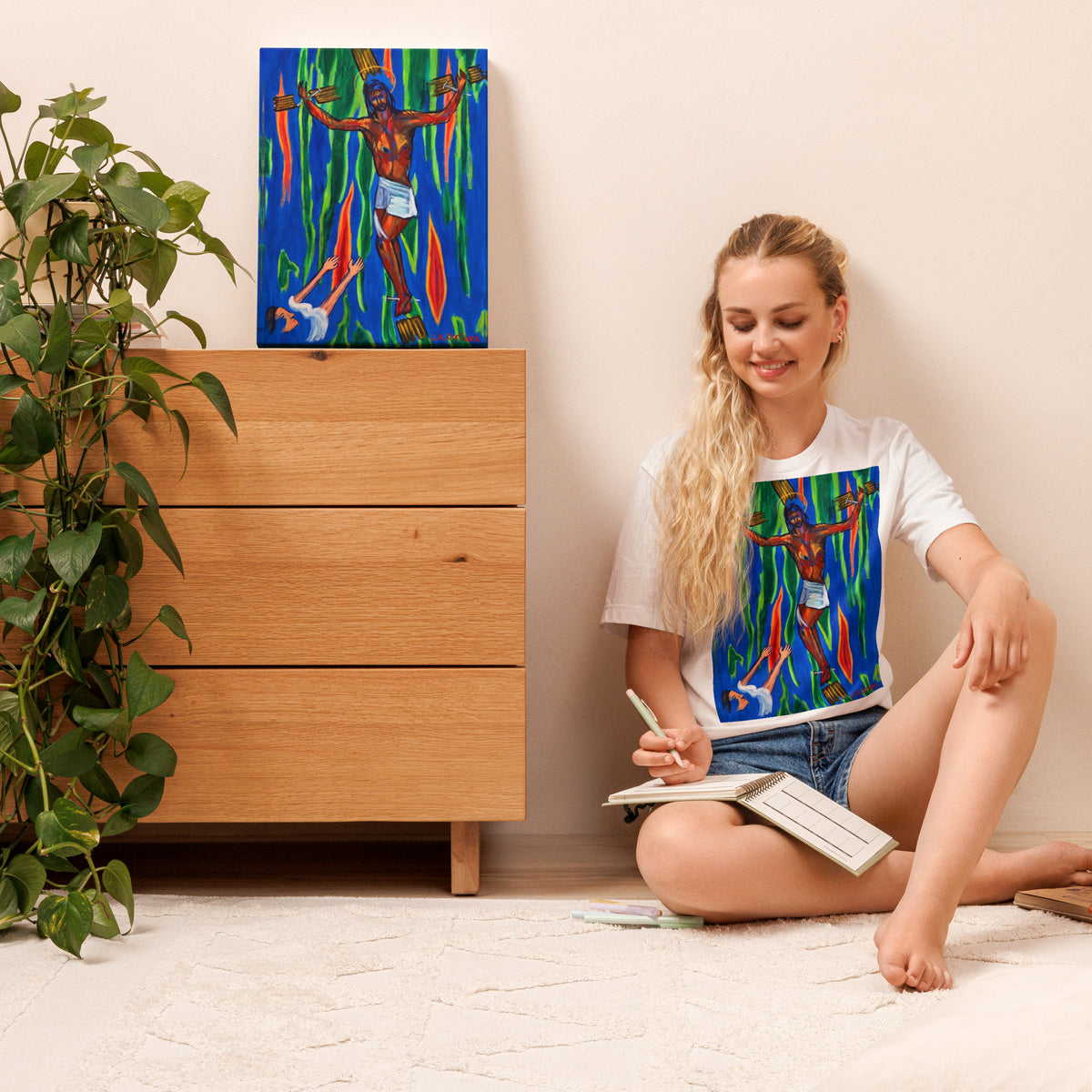 The Crucifixion canvas print, shown front-on: a haloed figure with arms outstretched over a green and blue-streaked ground.