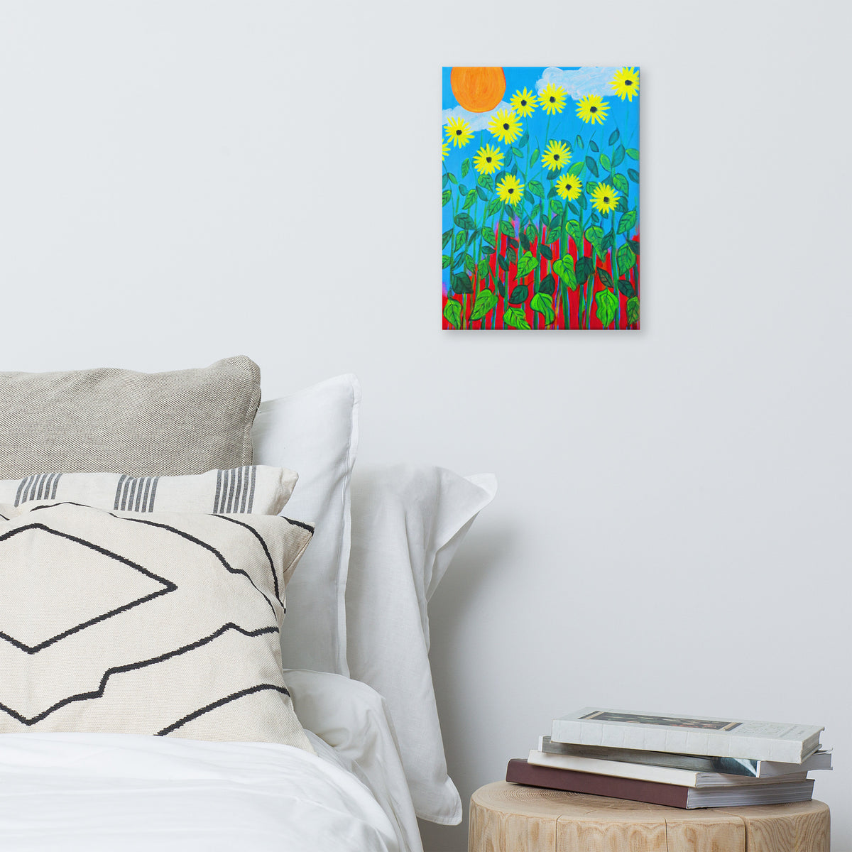 Texas Sunflowers canvas print, shown front-on: tall yellow sunflowers against a wide blue sky beneath a large orange sun.