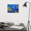 Koi Dreams canvas print, shown front-on: three stylized koi gliding over dark water among blue coral and pink reeds.