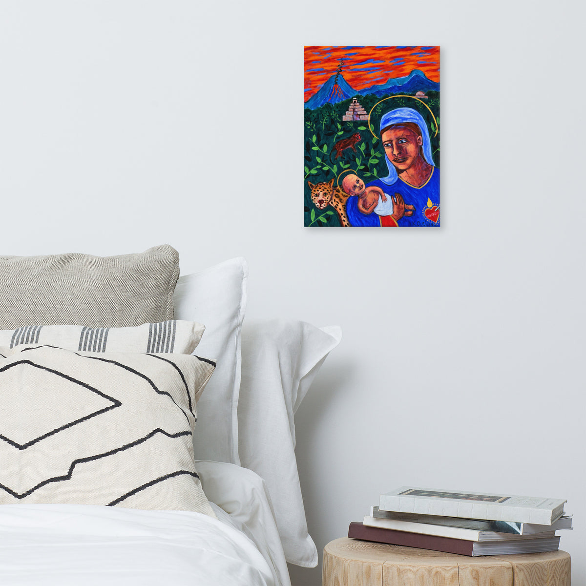 Central American Madonna and Child canvas print, shown front-on: a haloed Madonna and infant with a jaguar, a volcano and a step-pyramid.