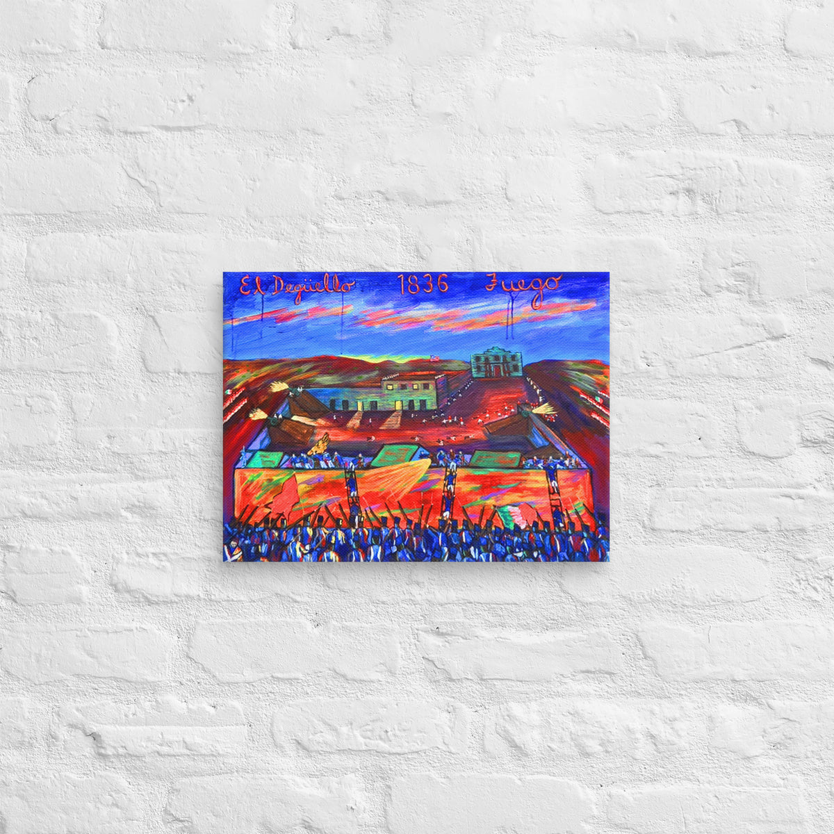 El Deguello, The Alamo canvas print, shown front-on: a dusk battle panorama of the Alamo in 1836, troops advancing on the mission.