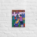 Guatemalan Pop Up Fruit Market canvas print, shown front-on: a market vendor slicing fruit beside juice barrels and crates of melons.