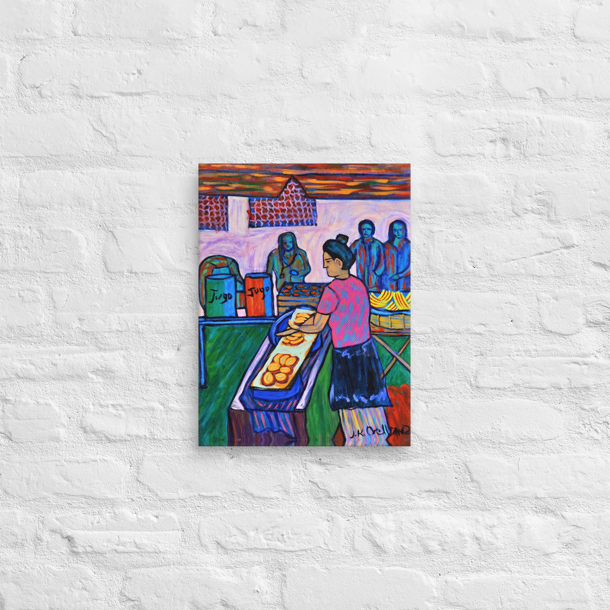 Guatemalan Pop Up Fruit Market canvas print, shown front-on: a market vendor slicing fruit beside juice barrels and crates of melons.