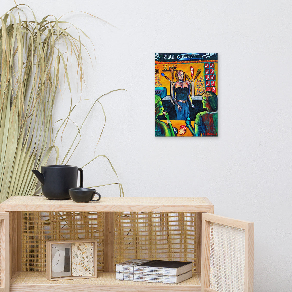 Bud Light Dreams with Julius Ceasar canvas print, shown front-on: a woman at the bar beneath a BUD LIGHT banner, a Julius Caesar bust on the shelf behind.