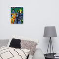 Fish Fry at Biker Bar canvas print, shown front-on: a teal bar interior with a bearded man, a BUD LIGHT neon sign and plates of fried food.