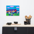 Maribelle's Bar canvas print, shown front-on: the MARIBELLE'S sign, palm trees and straw-hat figures grilling barbecue.