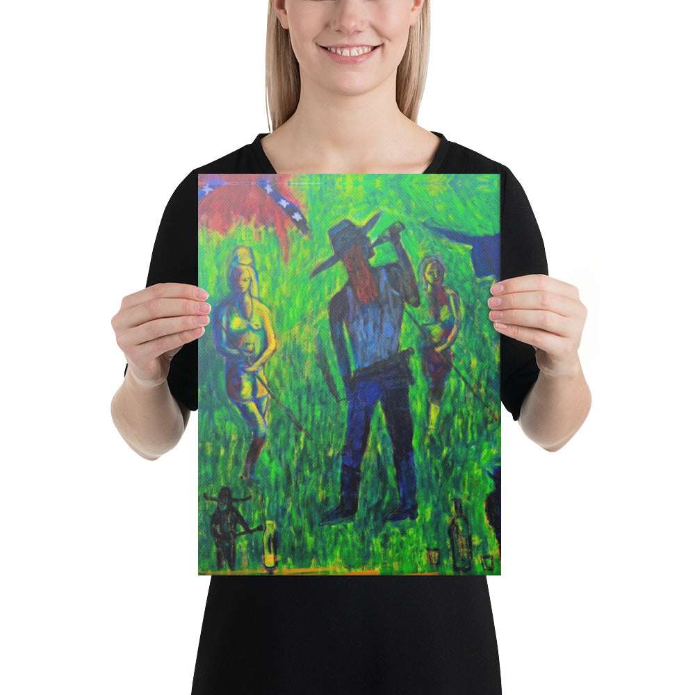 Bike Chick's Playing Pool canvas print, shown held up by a person: a woman playing pool in bold, playful color.