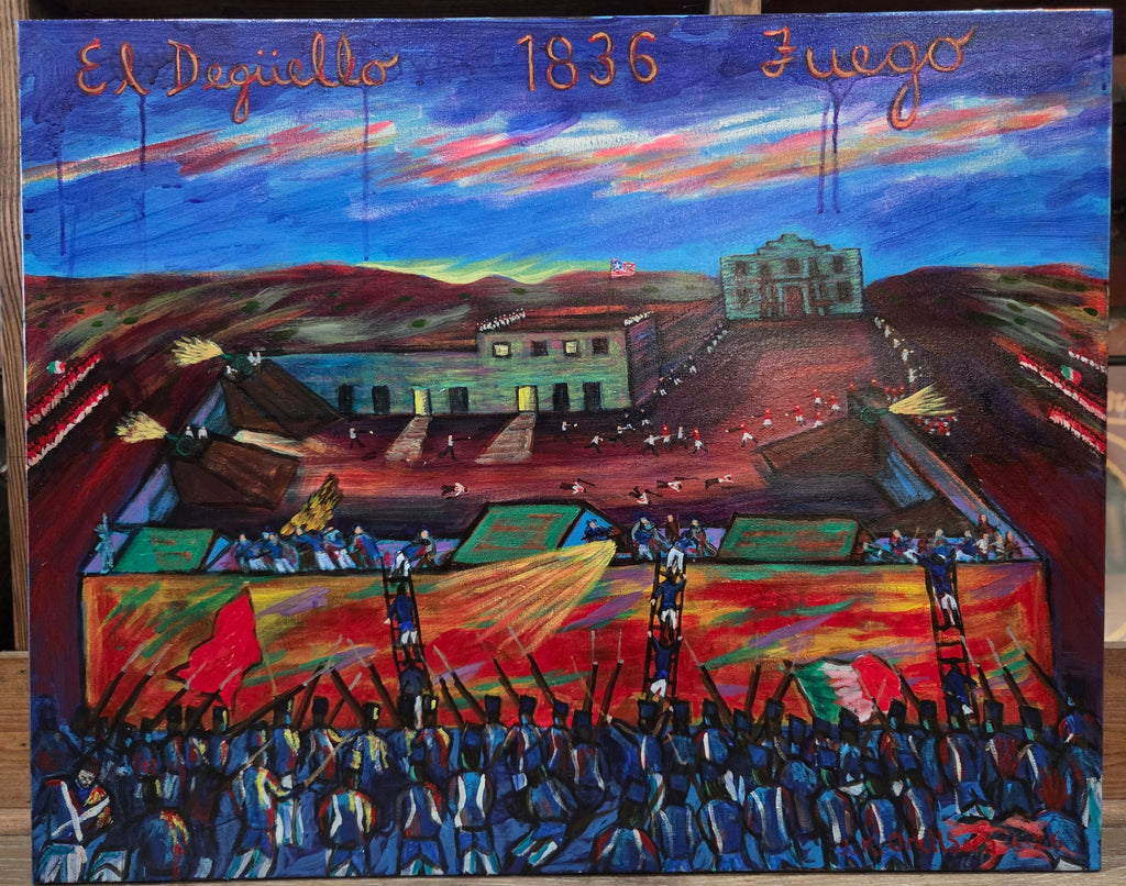El Deguello, The Alamo: a dusk battle panorama of the Alamo in 1836, troops advancing on the mission. Original acrylic painting by James Orellana.