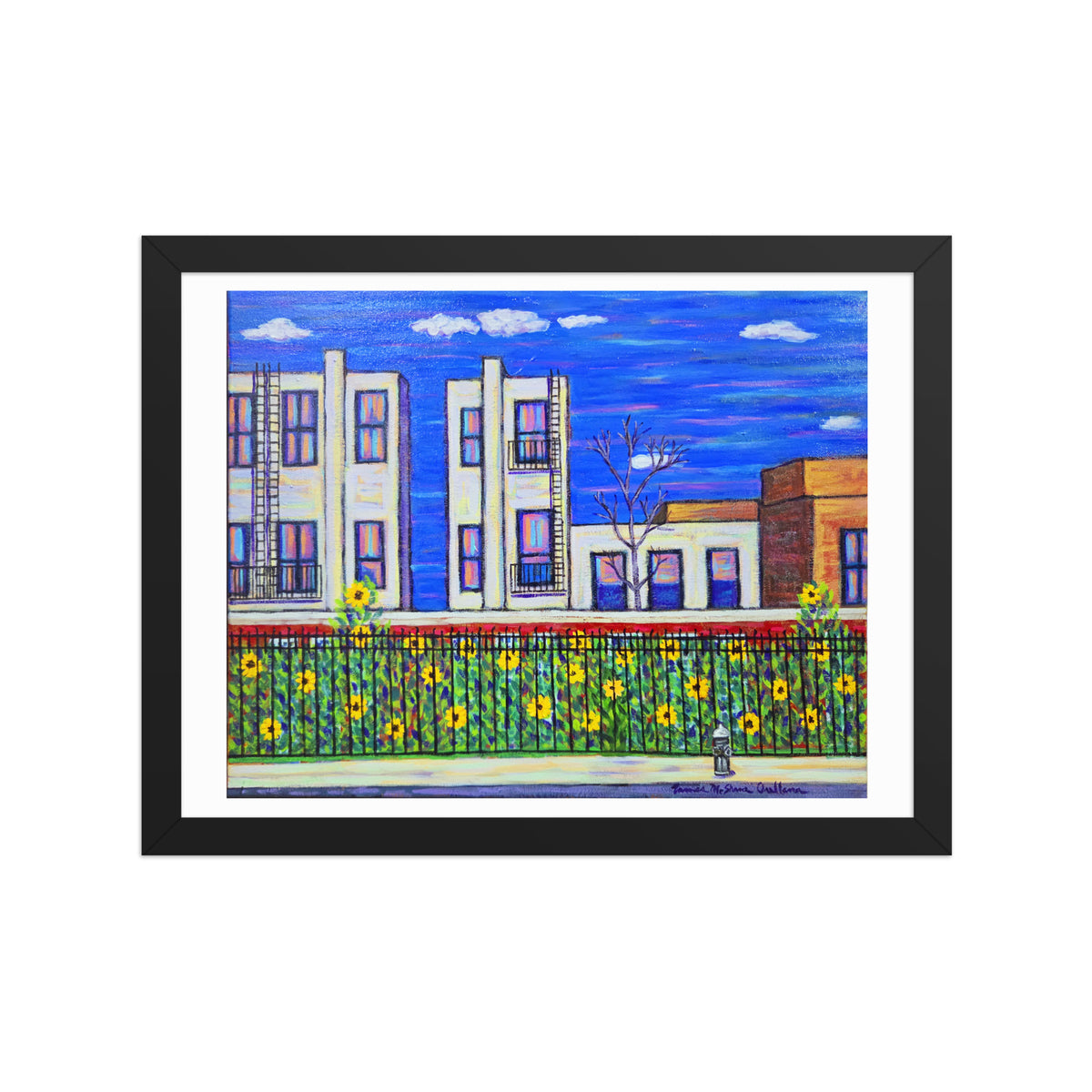 Sunflowers in Queens NYC framed matte poster, shown front-on: art-deco brownstones with sunflowers growing along a wrought-iron fence.