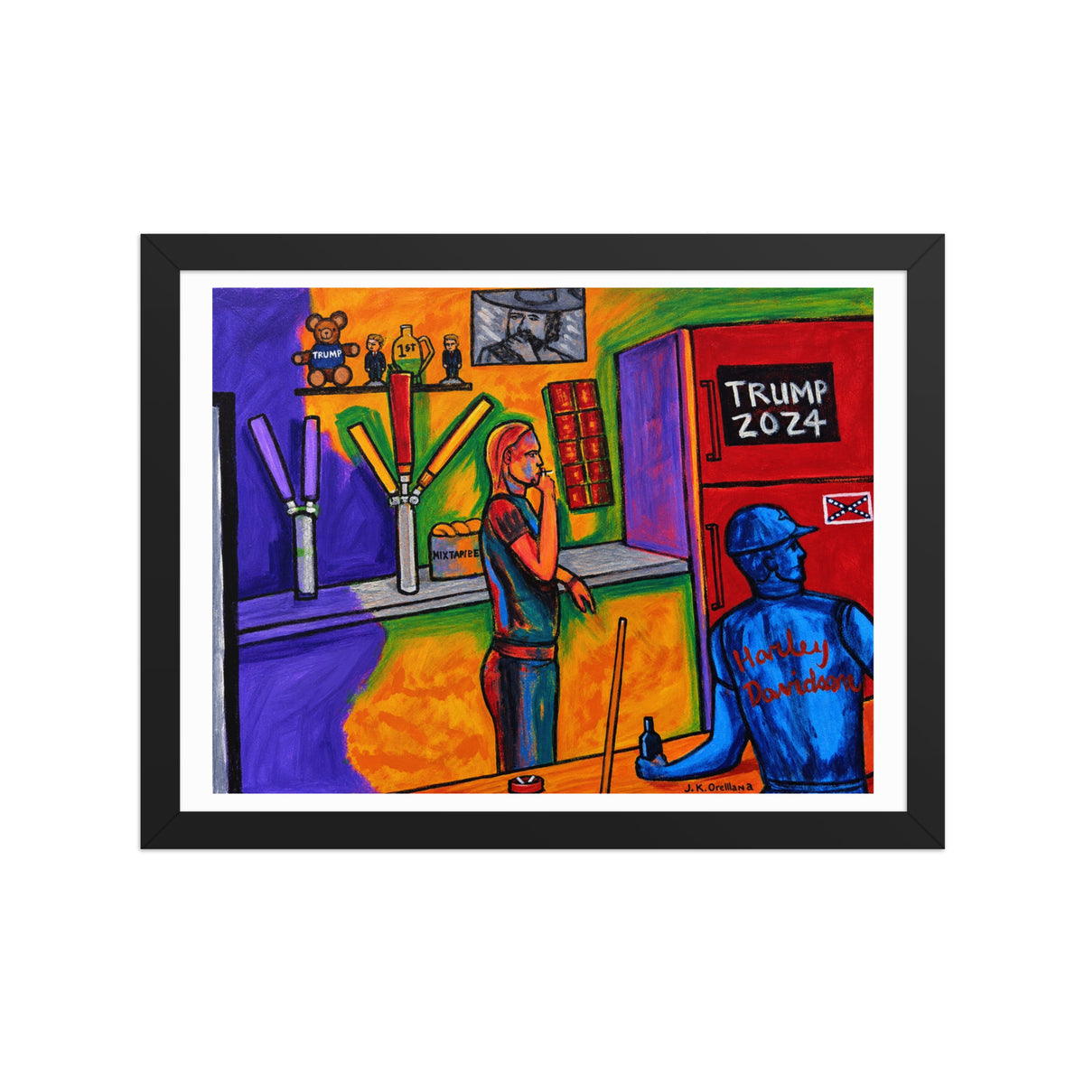 Watching Pool Tournament at Biker Bar framed matte poster, shown front-on: a hard-hat figure seated at the bar watching a pool tournament.