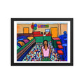 Tu Banco Con Oro framed matte poster, shown front-on: an indoor market with a Tu Banco sign, a teller booth and a confetti-strewn aisle.