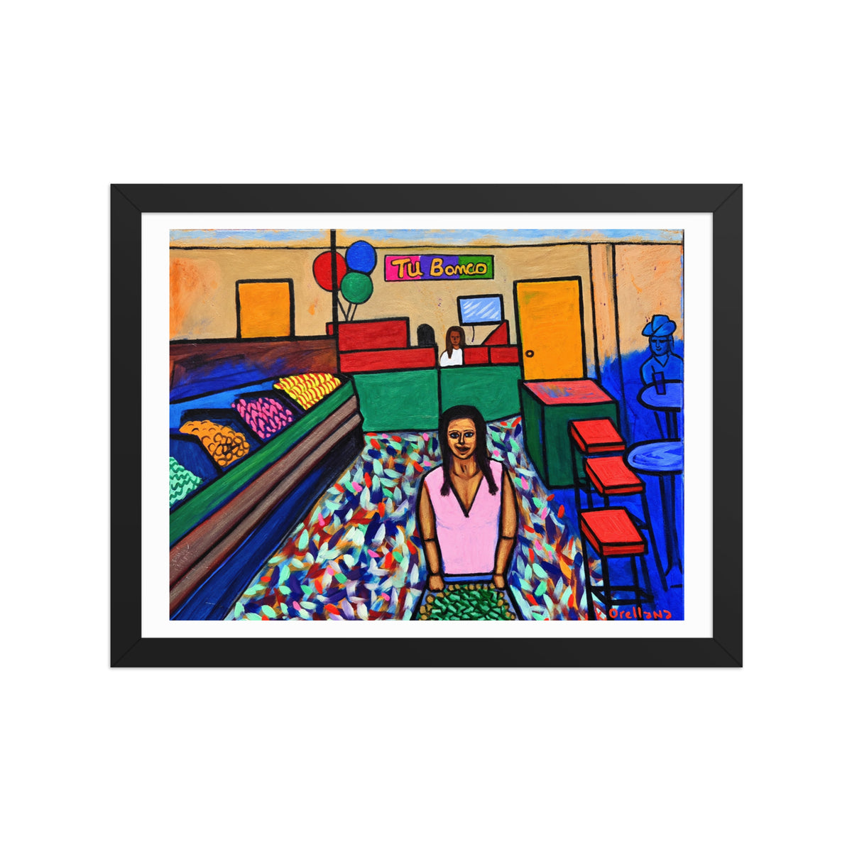 Tu Banco Con Oro framed matte poster, shown front-on: an indoor market with a Tu Banco sign, a teller booth and a confetti-strewn aisle.