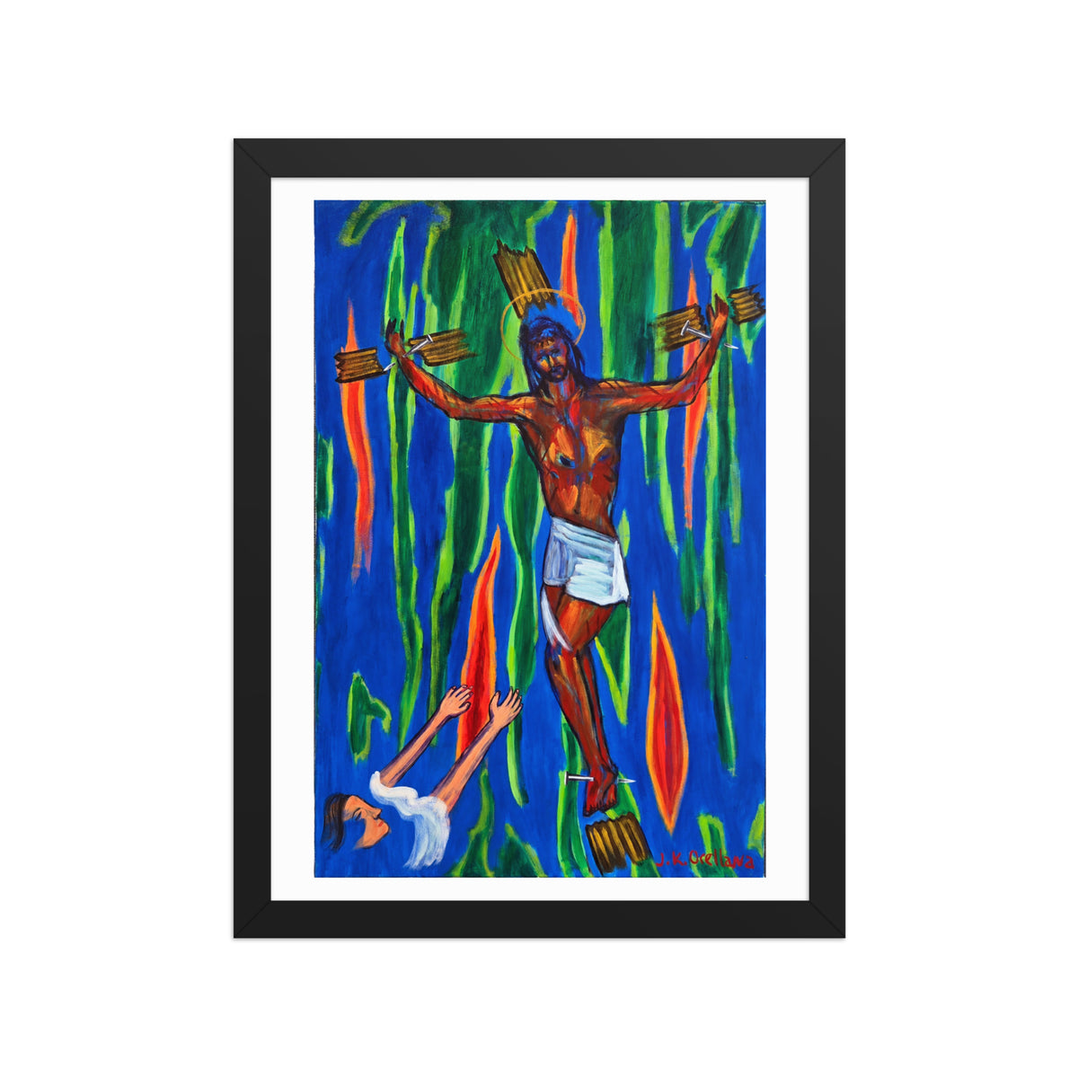 The Crucifixion framed matte poster, shown front-on: a haloed figure with arms outstretched over a green and blue-streaked ground.