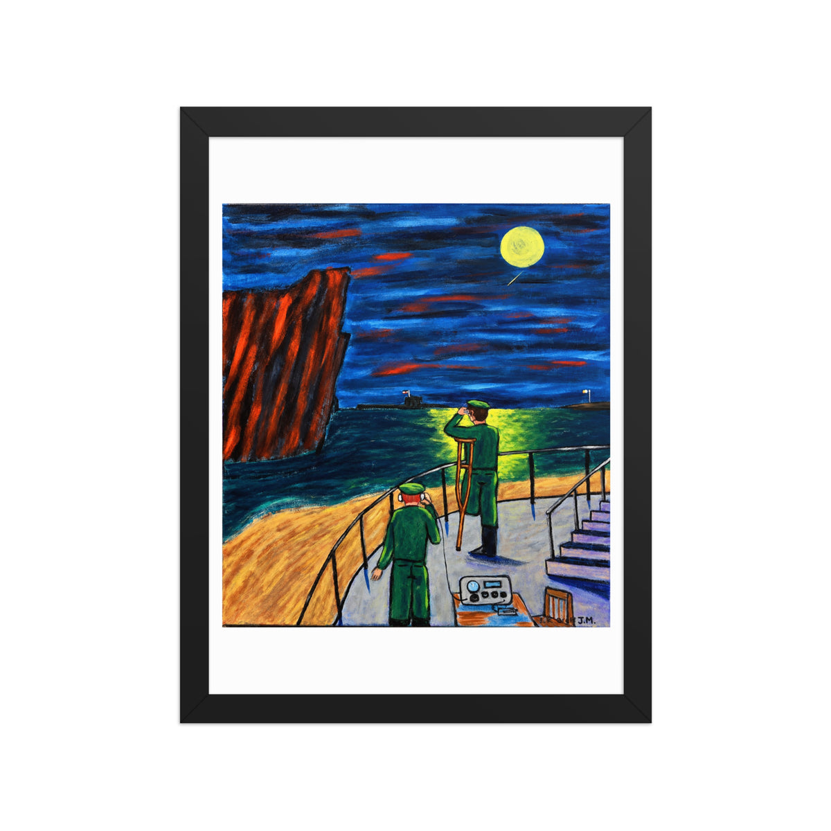 Irish and German Rendezvous framed matte poster, shown front-on: two World War I soldiers at a night parapet under a full moon.