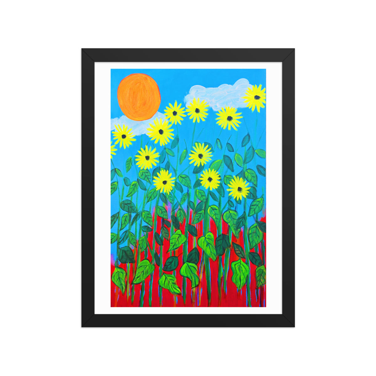 Texas Sunflowers framed matte poster, shown front-on: tall yellow sunflowers against a wide blue sky beneath a large orange sun.