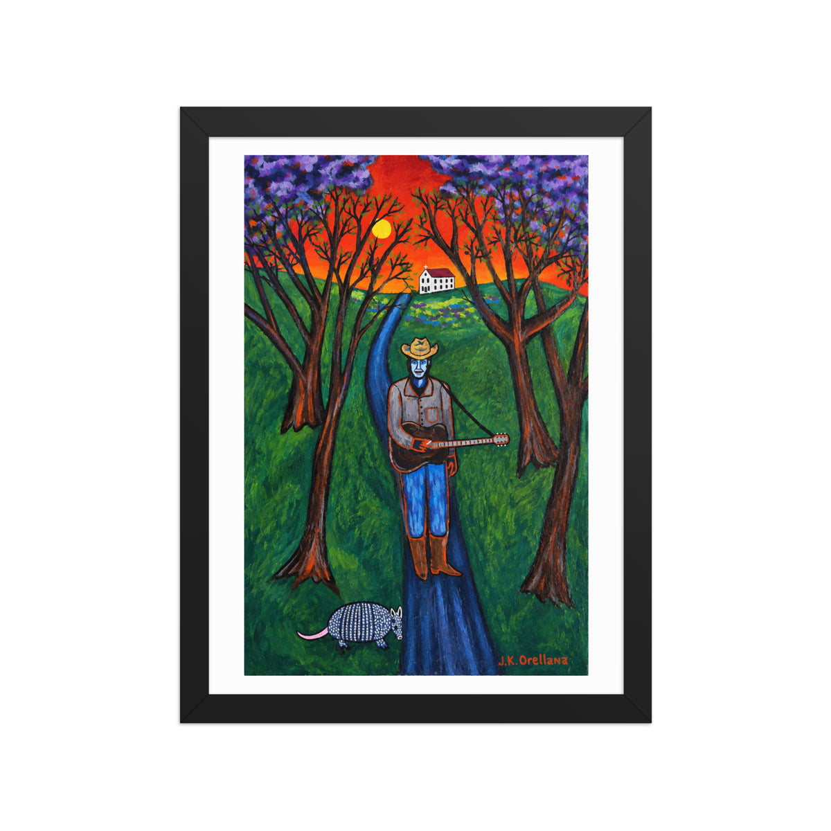 Last Concert, Townes Van Zandt framed matte poster, shown front-on: Townes Van Zandt in a cowboy hat with a red guitar under a red sunset sky.