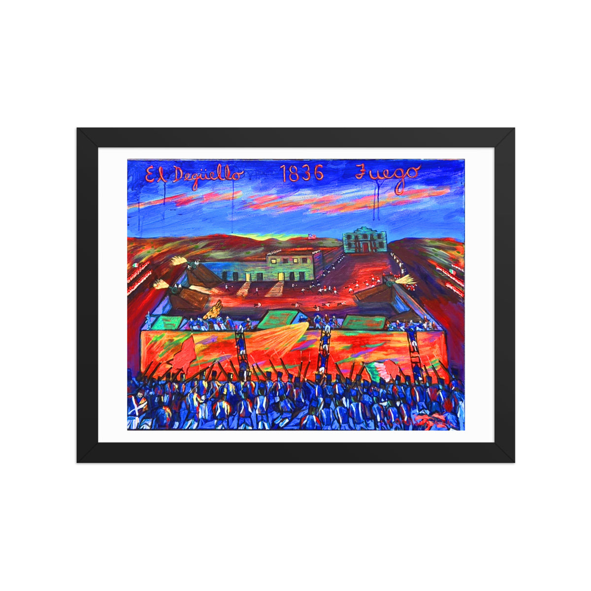 El Deguello, The Alamo framed matte poster, shown front-on: a dusk battle panorama of the Alamo in 1836, troops advancing on the mission.