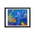 Koi Dreams framed matte poster, shown front-on: three stylized koi gliding over dark water among blue coral and pink reeds.