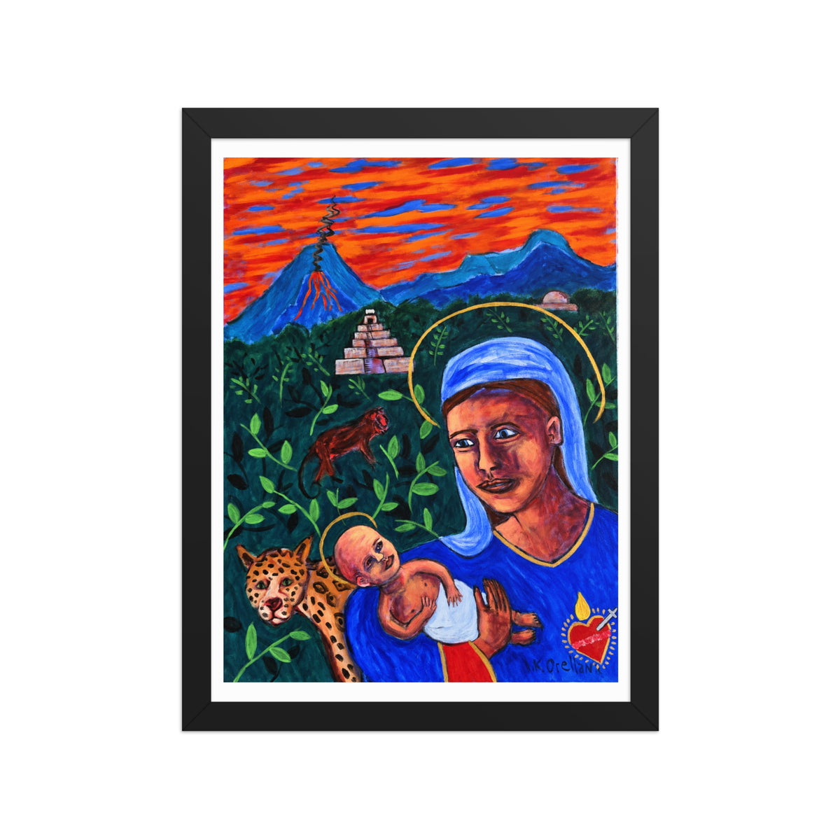 Central American Madonna and Child framed matte poster, shown front-on: a haloed Madonna and infant with a jaguar, a volcano and a step-pyramid.