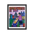 Guatemalan Pop Up Fruit Market framed matte poster, shown front-on: a market vendor slicing fruit beside juice barrels and crates of melons.