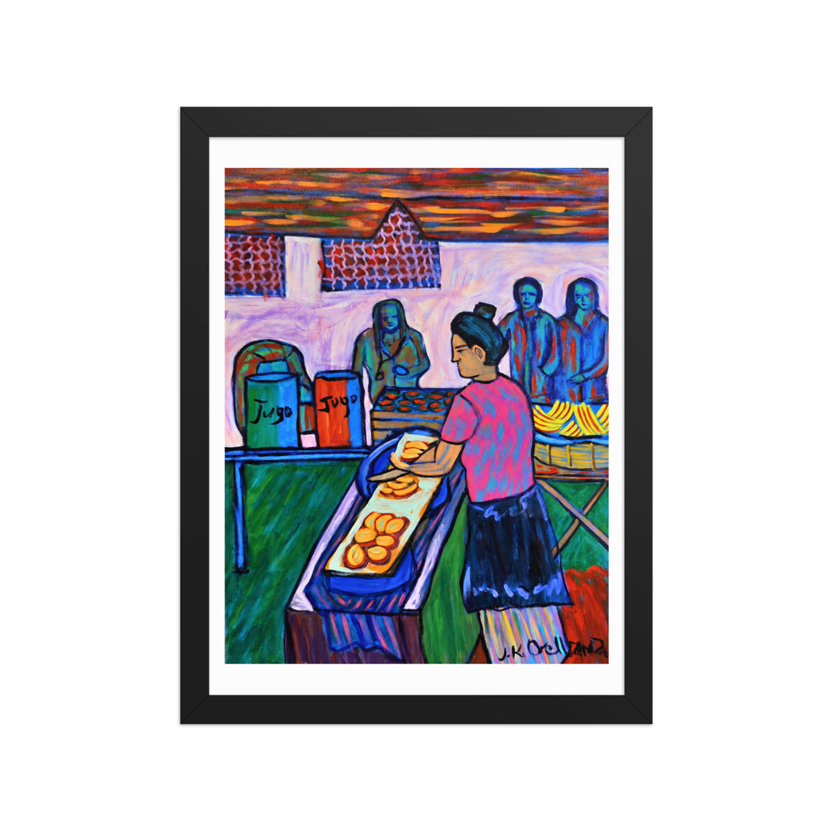 Guatemalan Pop Up Fruit Market framed matte poster, shown front-on: a market vendor slicing fruit beside juice barrels and crates of melons.