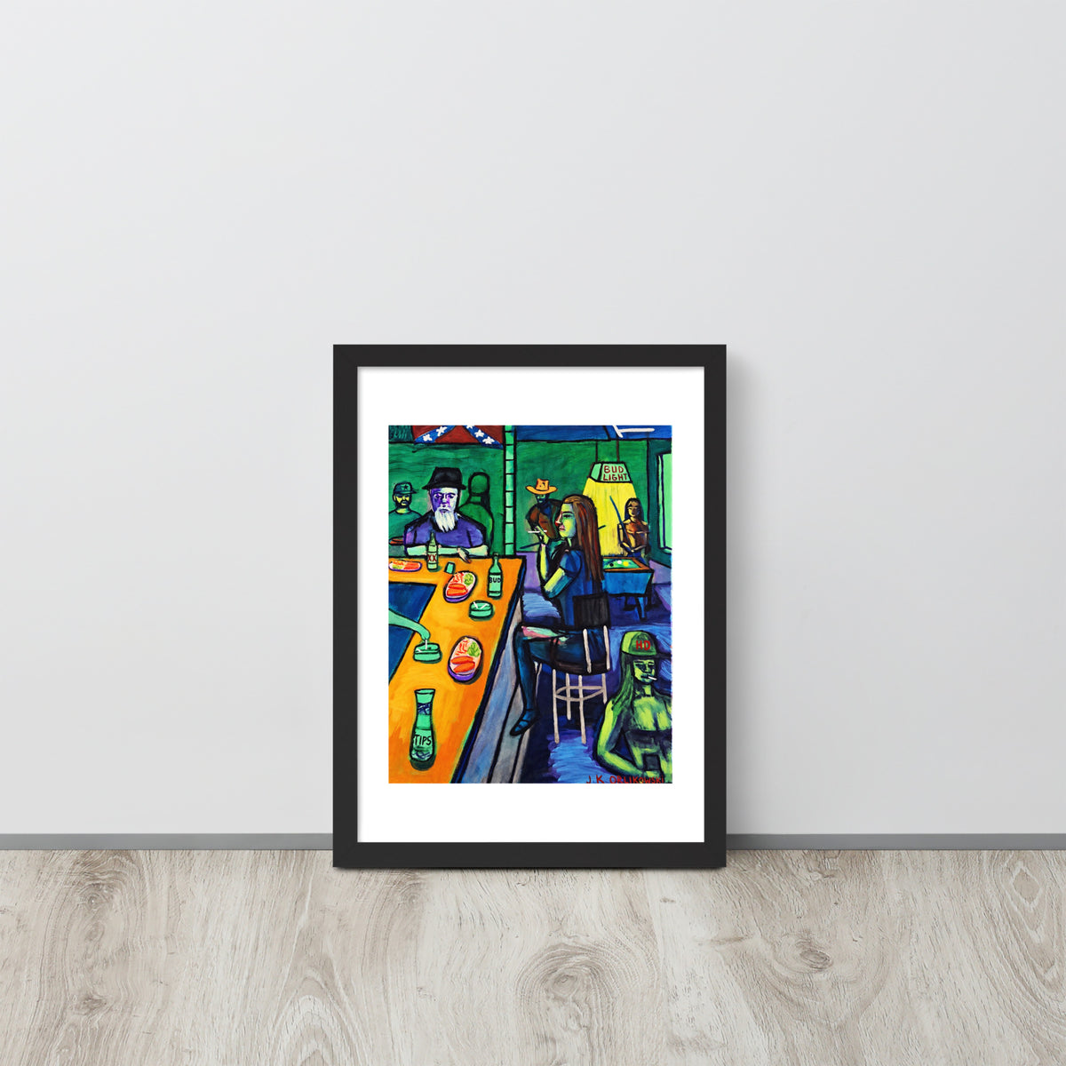 Fish Fry at Biker Bar framed matte poster, shown front-on: a teal bar interior with a bearded man, a BUD LIGHT neon sign and plates of fried food.