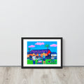 Maribelle's Bar framed matte poster, shown front-on: the MARIBELLE'S sign, palm trees and straw-hat figures grilling barbecue.