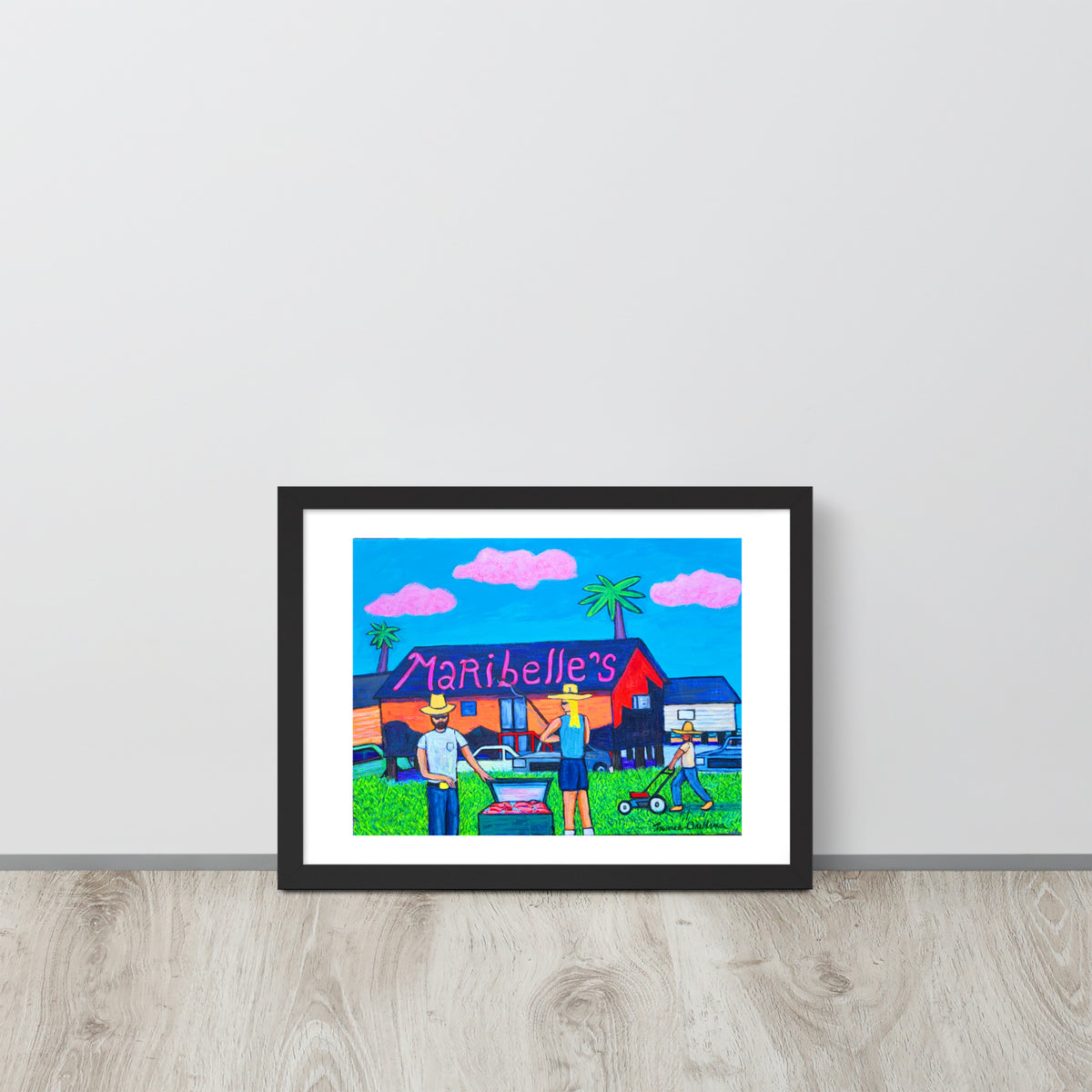 Maribelle's Bar framed matte poster, shown front-on: the MARIBELLE'S sign, palm trees and straw-hat figures grilling barbecue.